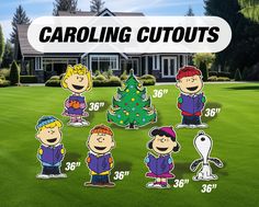 the charlie brown christmas tree cutouts are shown in front of a house with trees