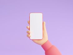 a person holding up a cell phone in front of a purple background with an empty screen