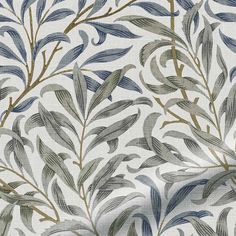 a white and blue wallpaper with leaves on it