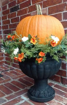 a large pumpkin sitting on top of a black planter filled with orange and white flowers