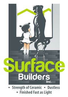 the logo for surface builder's inc with a child standing next to a dog