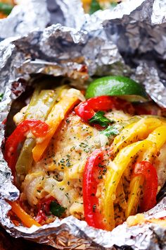 chicken with peppers and onions in foil