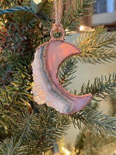 an ornament hanging from a christmas tree with the moon on it's side