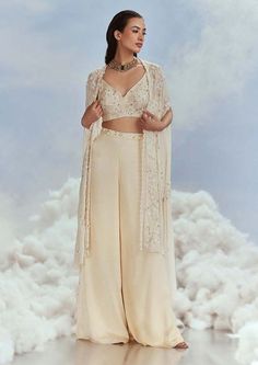 Nachiket Barve-Beige Chiffon Cape And Palazzo Set-INDIASPOPUP.COM Chiffon Cape, Traditional Indian Dress, Crop Top Designs, Gold Jacket, Palazzo Set, Quick Outfits, Crop Top Outfits, Indian Outfit, Wedding With Kids