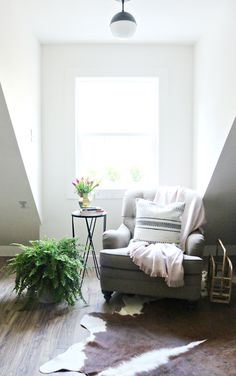 a living room filled with furniture and a cowhide rug on the floor next to a window