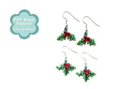 Bead Pattern: Mini 3D Beaded Holly Earrings Super Duo Beads, Seed Bead Jewelry Patterns, What Is Christmas, Seed Bead Tutorial, Bead Pattern, Handmade Beaded Jewelry, Beaded Animals, Beaded Ornaments, Earring Patterns