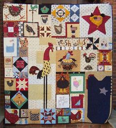 a quilt made to look like it has roosters on it and stars in the background