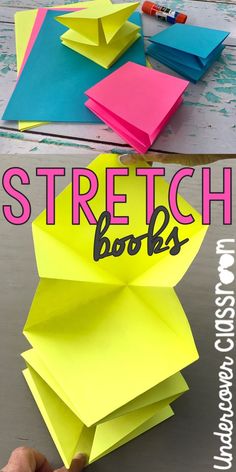 an origami book with the words stretch books written on it