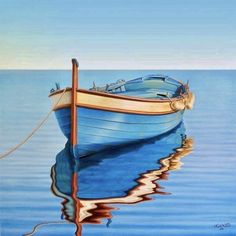 a painting of a blue boat in the water with a rope sticking out of it