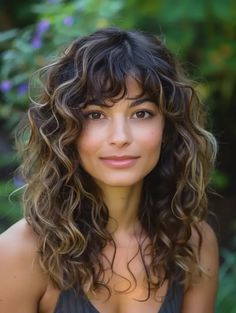 Haircuts For Curly Hair Bangs, Long Wavy Layers With Bangs, Shag Bangs Curly Hair, Long Curly Hair With Layers And Bangs, Wavy Hair With Bangs Hairstyles, Bardot Bangs Curly Hair, Long Layer Wavy Hair, Faceframe Haircut Long Layered Hair, Wavy Haircut With Bangs