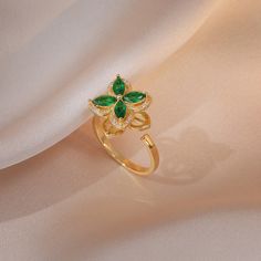 Material: Titanium Steel Fashion Element: Petals Style: Affordable luxury style Gold Jewellry, Emerald Earrings, Luxury Style, Affordable Luxury, Emerald Ring, Three Piece, Earring Necklace, Ring Necklace, Good Luck