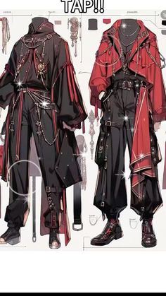 an anime character is dressed up in black and red clothing with chains on his belt