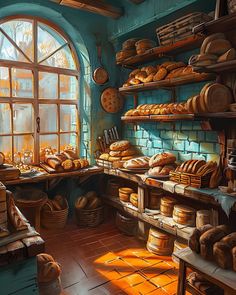 an artist's rendering of a bakery filled with bread