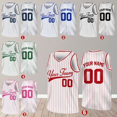 basketball jerseys with the names and numbers on them, all in different colors to choose from