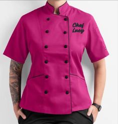 "Professional quality hot pink chef coat, personalized with custom embroidery.  Perfect for the professional or novice chef in your circle!  Don't accept the imitation or vinyl lettering.  Embroidery is the industry standard and will last forever.   Women's tailored fit short sleeve chef coat has a more tailored cut with adjustable back ties for fit. Made with 65/35 poly/cotton fine line twill, these coats are light and comfy in the kitchen. Two front pockets carry your belongings while the doub Chef Attire Women, Chef Wear Women, Chef Coat Design For Women, Chefs Attire, Chef Dress For Women, Chef Clothes Design