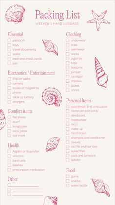 a pink and white checklist with shells on it, including the words packing list