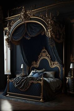 an ornate bed with blue drapes and gold trimmings in a dark room