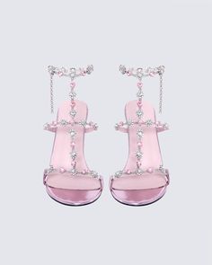 Keep your heels, head, and standards high 👑 With a classy, yet playful look - these pink jewel stilettos are complete with a 4.5" heel, a metallic pink sole, and an adjustable ankle strap creating the perfect statement piece to add to any fit that needs a little something extra 💖 Pink Sandals With 4-inch Heel For Evening, Pink Sandals With Heel Strap For Party, Pink High Heel Heels For Prom, Pink High Heel Prom Heels, Pink Heel Strap Heels For Party, Glamorous Pink Sandals With Round Toe, Glamorous Pink High Heel Sandals, Pink Round Toe Sandals For Prom, Glamorous Pink Round Toe Sandals