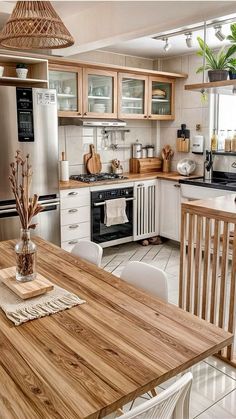 a kitchen filled with lots of wooden furniture