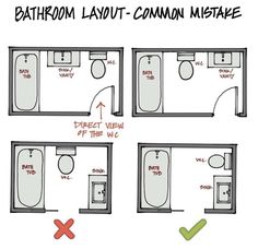 three bathroom layouts with the same toilet and sink