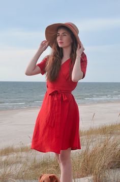 Red Linen Dress Wrap Linen Dress Red Wrap Dress Linen - Etsy Summer Sundress Wrap Dress For Vacation, Summer Vacation Sundress Wrap Dress, Knee-length Summer Wrap Dress, Summer Day Out Wrap Dress, Summer Linen V-neck Sundress, Summer Linen V-neck Dress With Tie Waist, Beach Linen V-neck Dress With Tie Waist, Red Linen Midi Dress For Spring, Red Linen Summer Beach Dress