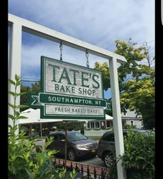 a sign for tate's bake shop in south hampton, ny