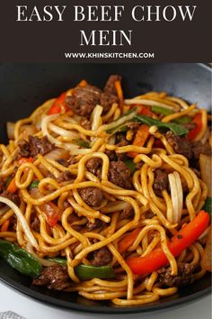 an easy beef chow mein recipe in a skillet