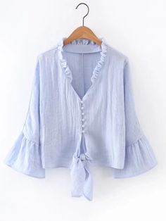 Shop Bell Sleeve Frill Trim Knot Front Blouse online. SheIn offers Bell Sleeve Frill Trim Knot Front Blouse & more to fit your fashionable needs. Knot Front Top, Blouse Elegant, Frill Blouse, Bell Sleeve Shirt, Ruffled Tunic, Flared Sleeves Top, Blue Bow, Blouse Styles