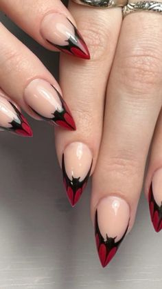 Nails With Bats On Them, Nails For Plus Size Hands, Goth Nail Inspo Coffin, Black Nails And Red Under, Short Nail Designs Oval Shape, Spooky Aesthetic Nails, Spider Almond Nails, Vampire Theme Nails, Simple Nail Designs Red And Black