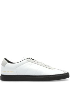 white calf leather front lace-up fastening contrasting heel counter serial number print at the heel contrasting rubber sole round toe branded insole White Casual Sneakers In Calf Leather, Casual White Calf Leather Sneakers, Classic White Custom Sneakers With Branded Heel, Classic Lace-up Sneakers With Branded Heel Counter, Modern Custom White Sneakers With Textured Sole, Modern Custom Lace-up Sneakers With Rubber Heel Cap, Modern White Custom Sneakers With Textured Sole, Modern White Custom Sneakers With Contrast Sole, Luxury Sneakers With Rubber Sole And White Sole