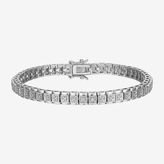 This elegant Sparkle Allure women's diamond accent tennis bracelet makes a beautiful addition to any jewelry wardrobe. Hand-crafted in fine silver over bronze and contains a genuine diamond accent to enhance the design and appearace. The 7.25" bracelet includes a tongue in groove clasp and double figure 8 safety catch. This show stopping piece made as the perfect essential for your daily outfit and is sure to leave an impression.Features: In A Gift BoxCircumference: 7 1/4 InchJewelry Closure: Bo Adjustable Pave Setting Bracelet For Anniversary, Adjustable Pave Setting Bracelets For Anniversary, Adjustable Pave Setting Bracelet, Adjustable Pave Diamond Bracelet, Silver Tennis Bracelet With Diamond Accents, Fine Jewelry Silver Tennis Bracelet With Diamond Accents, Classic Silver Bracelet With Pave Setting, Classic Silver Bracelets With Pave Setting, Adjustable Pave Setting Jewelry For Anniversary