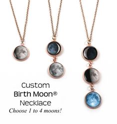 "Glowing Custom Birth Moon® necklace is personalized just for you or your loved one! The glow in the dark moon has a luster finish which makes the moon appear to shimmer magically! Tell us a date that is special to you (birthday, anniversary, adoption, memorial, etc) and we'll create a moon phase charm from that night. This necklace can have 1, 2, 3 or 4 moons - perfect for mom for Mother's day for each kid's birthday. IT GLOWS IN THE DARK: We've used a very high quality long lasting glow mixtur Personalized Celestial Jewelry For Gifting, Celestial Round Jewelry For Mother's Day, Personalized Celestial Necklaces For Gifts, Personalized Celestial Necklaces For Gift, Personalized Celestial Jewelry For Mother's Day, Personalized Moon-shaped Jewelry Gift, Moon Phase Jewelry For Mother's Day, Adjustable Personalized Moon-shaped Jewelry, Round Moon Charm Jewelry For Mother's Day