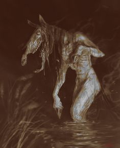 a horse is standing in the water with it's mouth open