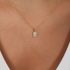 "IMPORTANT NOTE: Gemstone: Cubic Zirconia This elegant square shaped necklace is made of 14k solid gold, and features baguette and round cut CZ stones . It makes a beautiful statement piece with simple elegance. Find out more about my shop at: https://etsy.me/3M2bjEd PRODUCT DETAILS * Material: 14K Solid Gold (real solid gold, no gold-filled or no gold plated material) * Choice of Gold Color: Yellow Gold, Rose Gold, White Gold * Gemstone: Cubic Zirconia * Closure: Spring ring * Chain style: Cabl Square Pendant Diamond Necklace, 14k Gold Necklace For Everyday, Fine Jewelry Necklace Gold, Square Diamond Pendant, Tiny Cross Necklace, Real Gold Necklace, Baguette Necklace, Diamond Baguette, Golden Necklace