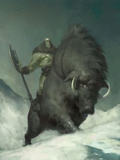 a man riding on the back of a buffalo with a spear in it's mouth