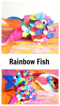 rainbow fish made out of construction paper with the words rainbow fish on it and an image of