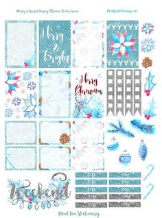 christmas planner stickers with snowflakes, ornaments and holly branches in blue tones