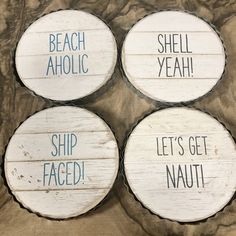 Wood and tin beach coasters - CoastalFarmhouseLLC Beach Coasters, Coastal Farmhouse Decor, Water Boat, Coastal Farmhouse, Ocean Themes, Wood Coasters, Pyrography, Wood Projects, Tin