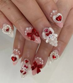 Fake Nails Designs, Girly Acrylic Nails, Hello Kitty Nails, Pretty Gel Nails, Really Cute Nails, Soft Nails, Cat Nails, Kawaii Nails, Nail Charms