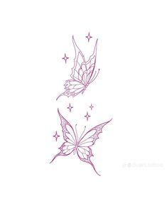 two butterflies flying in the air with stars on their wings, and one is pink