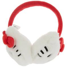 hello kitty headphones with red bows on the ears are white and have black eyes