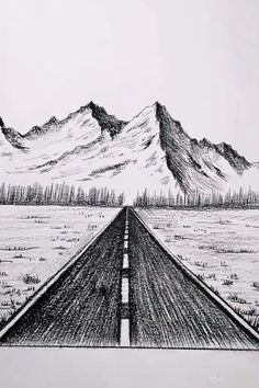 a drawing of a road in the middle of nowhere with mountains in the background and grass on either side