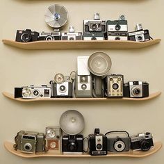 three wooden shelves filled with cameras on top of each other and one shelf holding an old camera