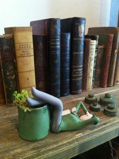 a potted planter sitting on top of a wooden table next to some books