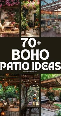 the words 70 boho patio ideas are overlaid with images of outdoor furniture and plants