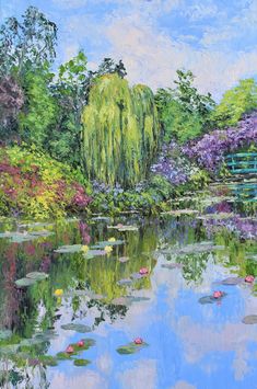 a painting of water lilies and trees