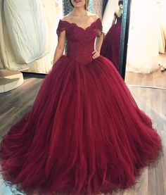 elegant lace appliques with off the shoulder neckline make this ball gowns dress perfect as your wedding gowns in year 2017 Red Prom Dress Ballgown, Wedding Dresses Ball Gown Lace, Burgundy Ball Gown, Burgundy Wedding Dress, Wedding Dress Tulle Lace, Off White Wedding Dresses, Off Shoulder Ball Gown, Ball Gown Prom Dress, Tulle Balls