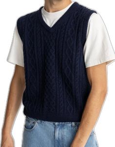 Casual Textured Knit Vest For Winter, Classic Navy Winter Vest, Fitted Cable Knit Sweater Vest For Winter, Cozy Fitted Cable Knit Sweater Vest, Fitted Cable Knit Vest, Casual Cable Knit Crew Neck Sweater Vest, Classic Cable Knit Sweater Vest For Fall, Classic Blue Winter Sweater Vest, Casual Cable Knit Sweater Vest For Winter