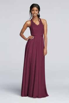 Why choose between ladylike lace and silky mesh? This long mesh and lace bridesmaid dress has both, plus a fun halter neckline and ribbon waistband. Lace halter style bodice. Long floor length mesh skirt provides lots of comfort. Fully lined. Imported. Dry clean only. To protect your dress, try our Non Woven Garment Bag. Long Mesh Dress, Bridesmaid Dresses Long Lace, Bridesmaid Dresses Gowns, Wrap Dress Bridesmaid, Mesh Bridesmaids Dress, Davids Bridal Bridesmaid Dresses, Lace Bridesmaid Dress, Bridesmaid Dresses Strapless