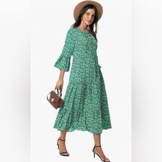 Viishow Womens 3/4 Sleeve Casual Bohemian Midi Dress Green Flower Ruffle, Size Xl. Brand New With Original Tag. 95% Polyester, 5% Spandex. Material: This Long Midi Dress Is Made Of Ployester And Spandex Fabric, Which Is Soft, Comfy And Light Weight, Flowy, But Not See Through, Ruffle Hem And Ankle Length, This Beautiful Dress Is Great Year-Round. Features: 3/4 Ruffle Sleeve/ High Waist/ Tiered Swing Skirt/ Ruffle Hem/ V-Neck/ Midi Dress/ Bohemian Style/ Classic Vintage Fashion/ Beach Dress/ Flor Casual Floral Print Maxi Dress With 3/4 Sleeve, Casual Maxi Dress With Floral Print And 3/4 Sleeve, Spring Half-sleeve Printed Dresses, Casual Floral Print Dress With 3/4 Sleeves, Spring Half Sleeve Printed Dresses, Spring Midi Dress With 3/4 Sleeves And Print, Casual Printed Midi Dress With 3/4 Sleeves, Green 3/4 Sleeve Dresses For Brunch, Flowy Midi Dress With 3/4 Sleeves For Vacation